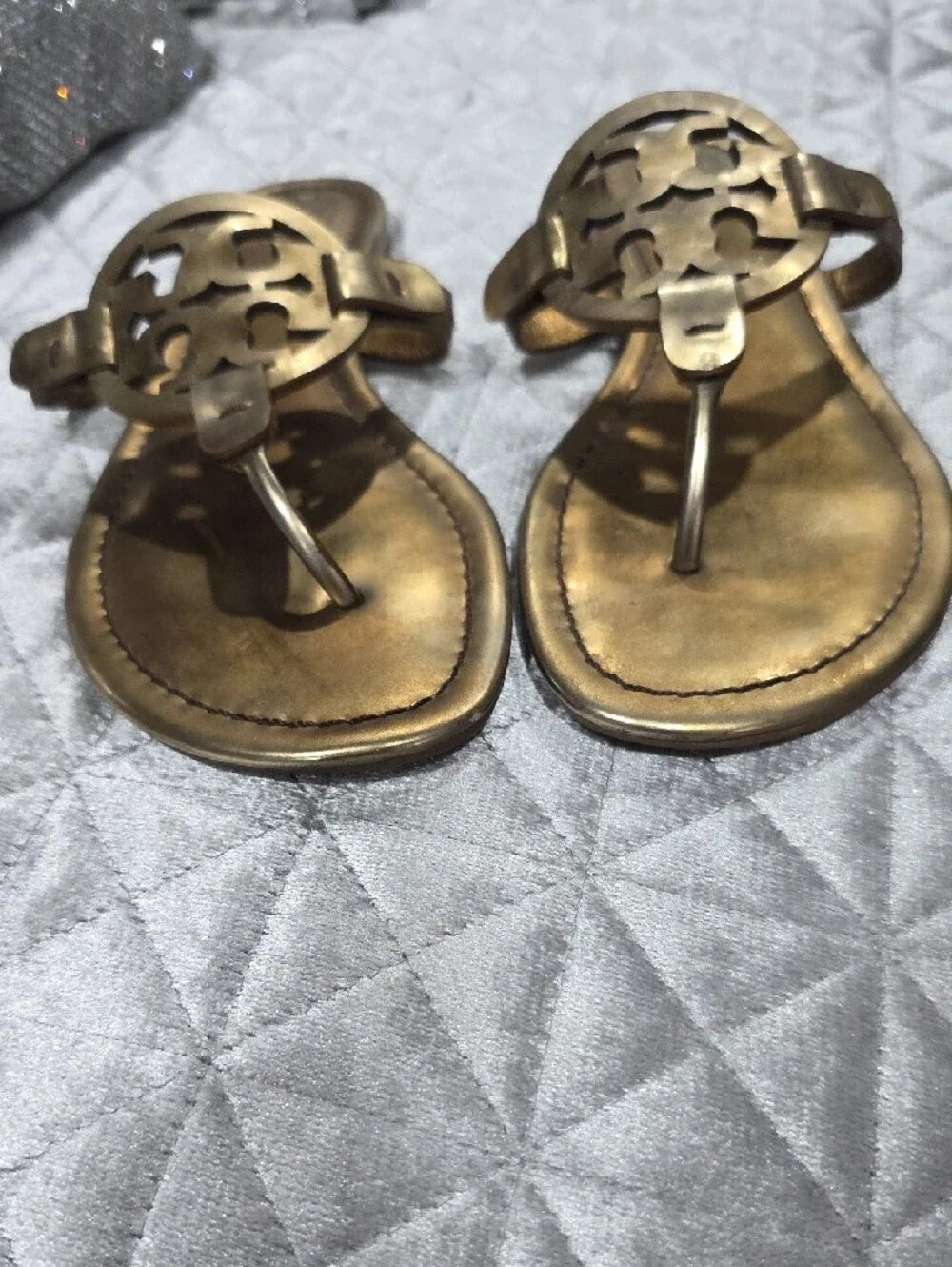 Tory Burch Metallic Bronze Gold Logo Thong Sandals